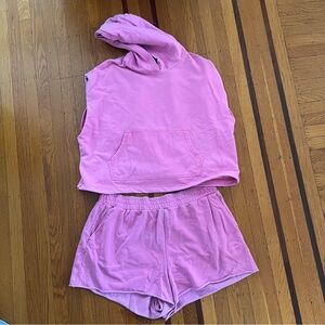 Fabletics pink sweats set shorts hoodie sleeveless XXL good preowned condition